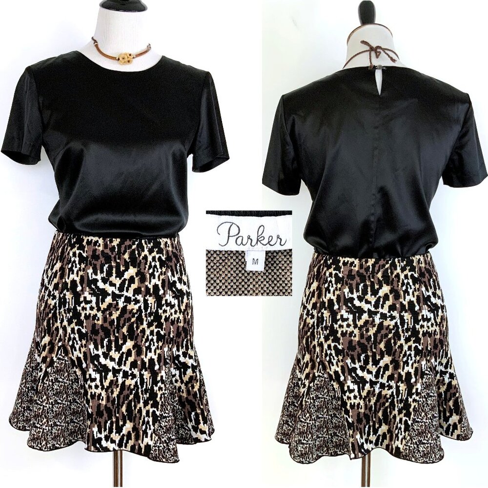 Parker Kenna Mini Skater Knit Mix Media Animal Print Skirt Sz M - Picture 3 of 16